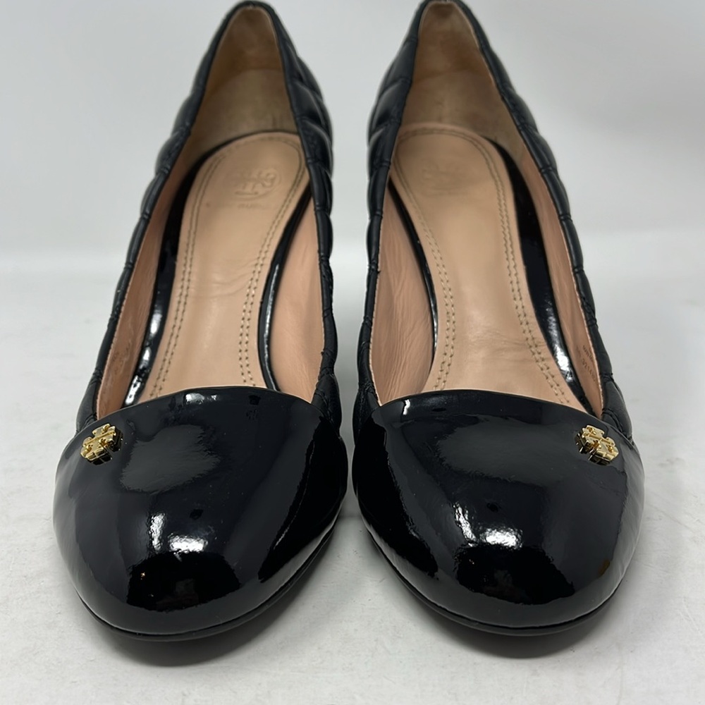 Tory Burch Black Quilted Leather Wedge Pumps - Picture 3 of 16